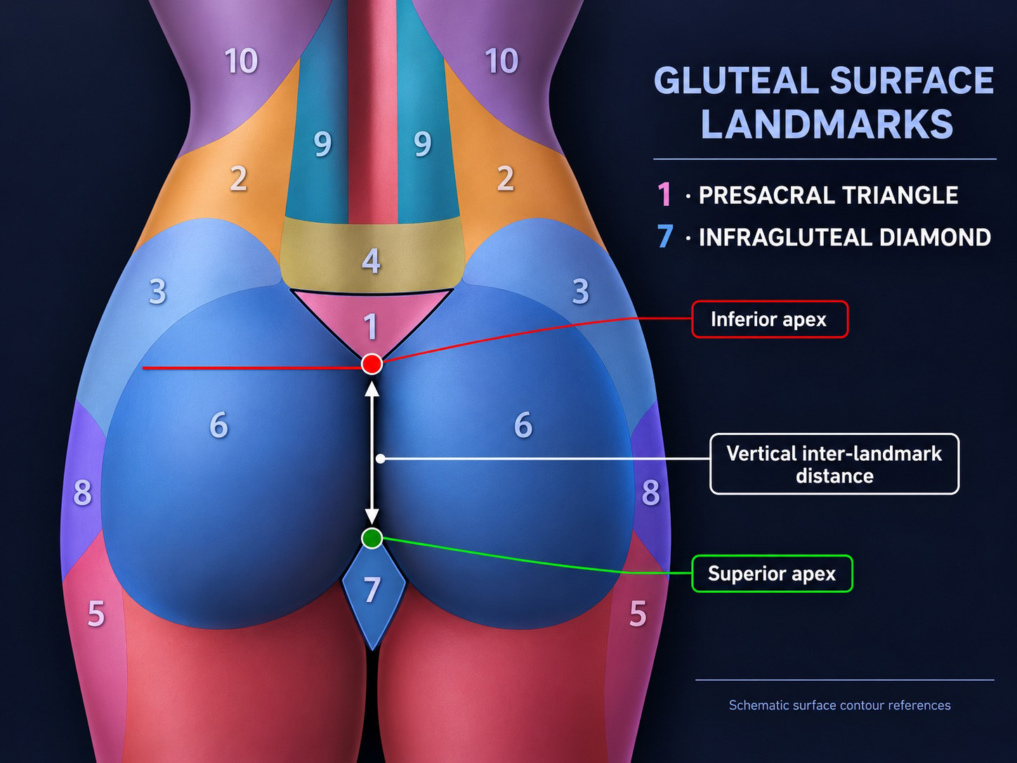 Schematic posterior surface landmarks: presacral triangle, infragluteal diamond and vertical inter-landmark distance