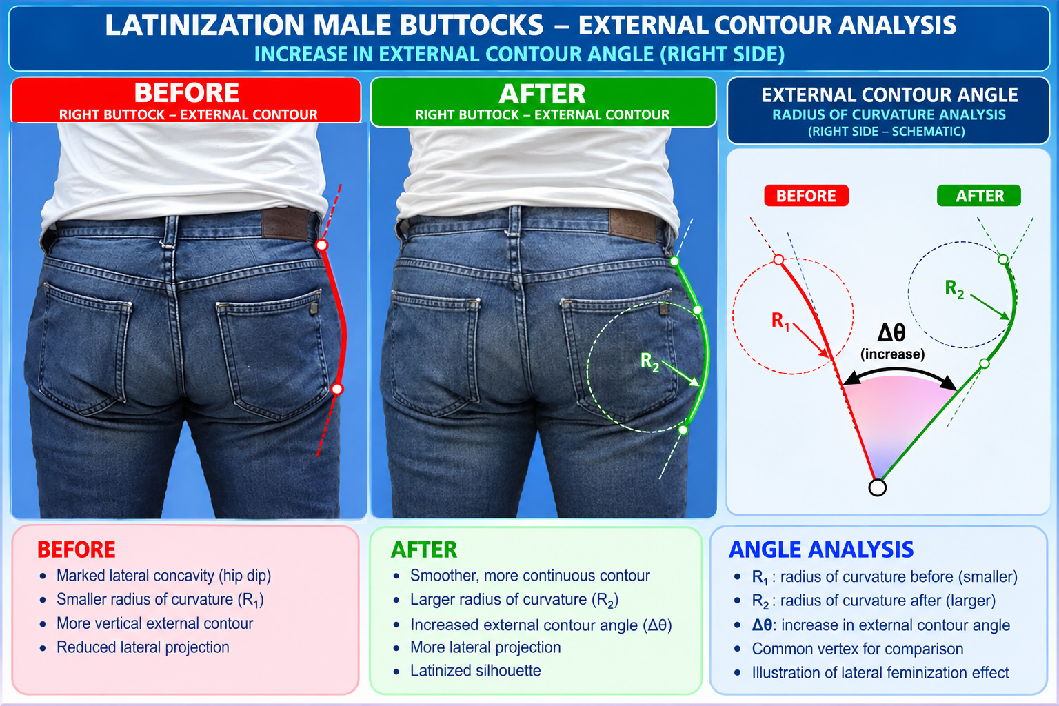 Male buttock Latinization before and after showing increased external contour angle