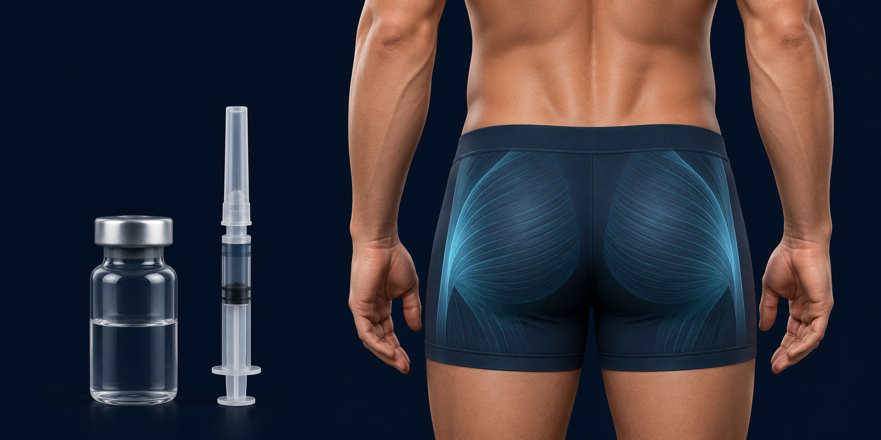 Male gluteal anatomy with a generic botulinum toxin vial and syringe, illustrating its limited non-volumizing role