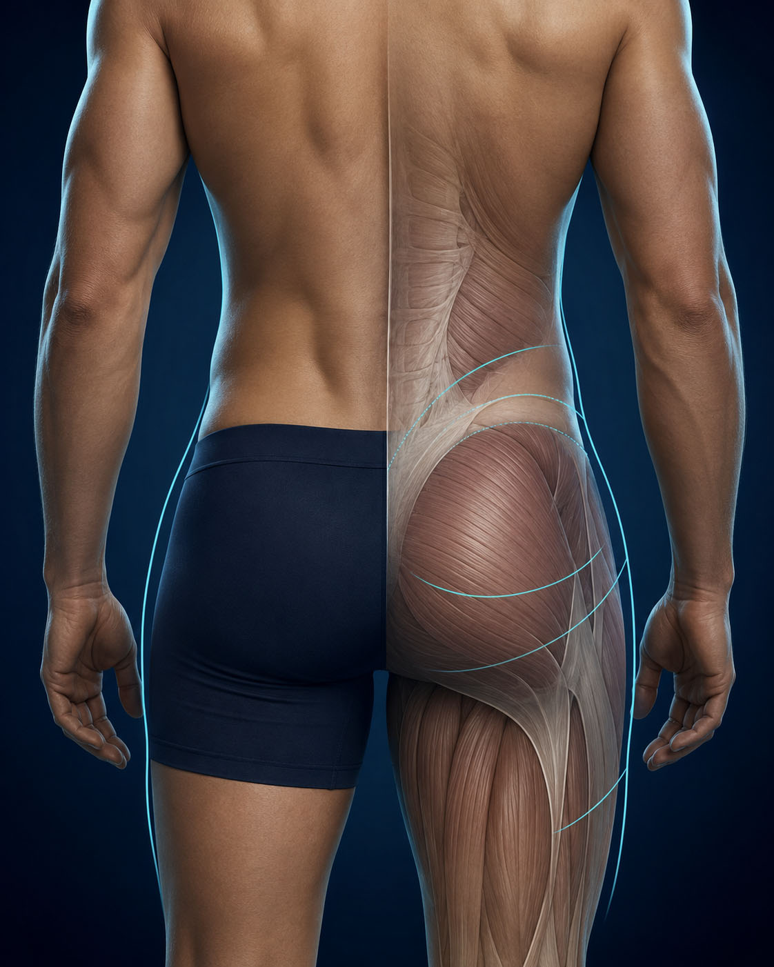 Male gluteal anatomy illustrating a structure-first approach to contour, muscular support and proportion