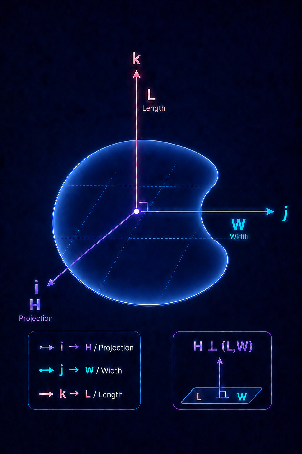 Male gluteal contour represented by the orthogonal axes i, j and k: projection H, width W and length L