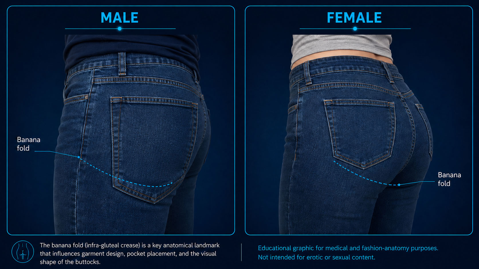 Male and female banana fold and jeans pocket position